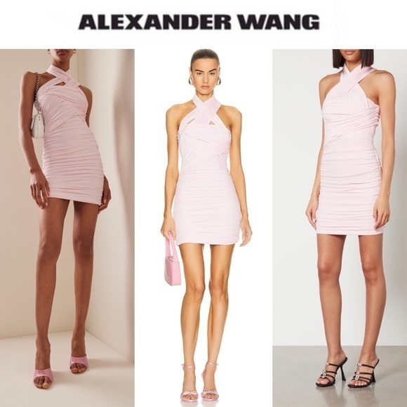 Alexander Wang Interwoven Faux-Suede Mini Halter Dress In Pink Sz L